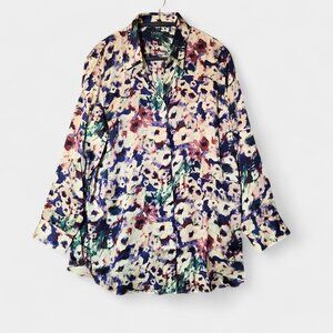 Ralph Lauren Kristy Button Down Satin Shirt 1X Long Sleeves Artsy Office NWT